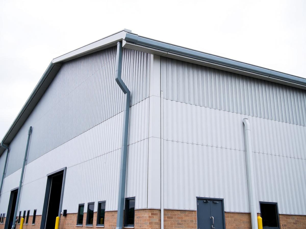 Commercial building with high-capacity gutters and oversized downspouts