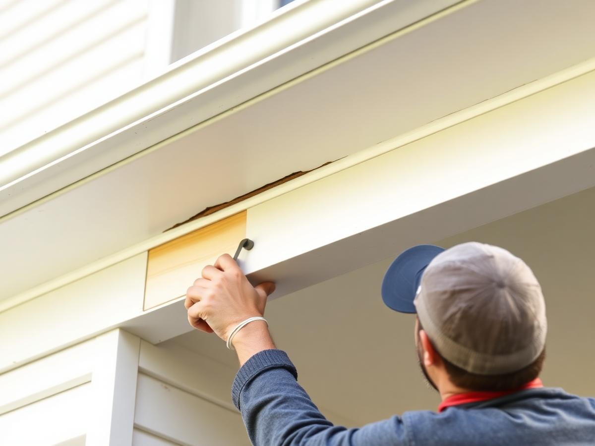 Carpenter replacing a rotted fascia board beneath a roof eave