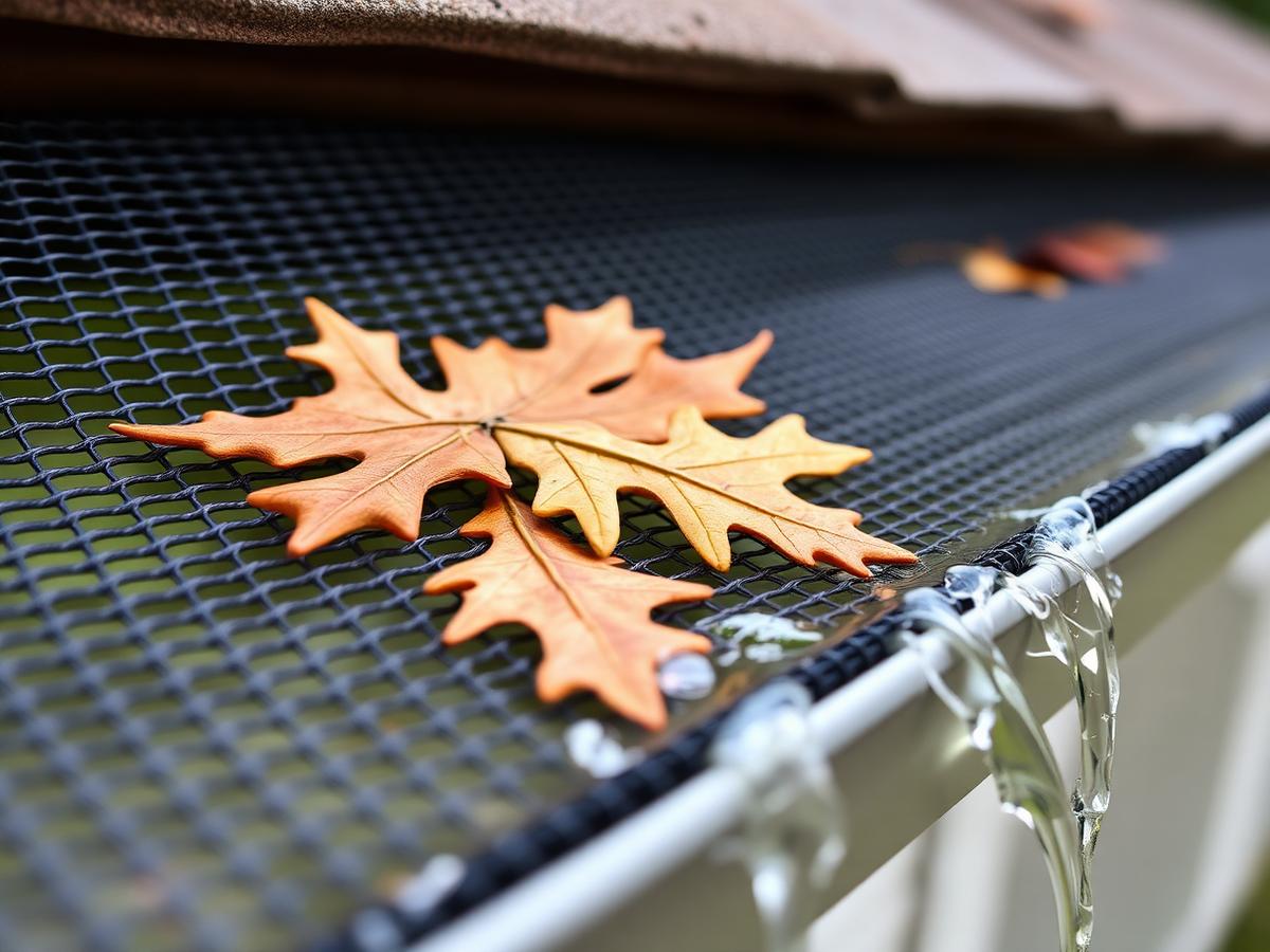 Micro-mesh gutter guard holding oak leaves above the gutter while water passes through