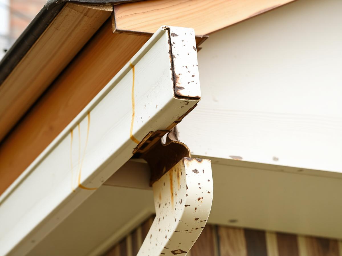 Old sagging sectional gutter pulling away from a rotting fascia board
